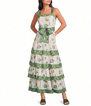 A Loves A Floral Pattern Square Neck Sleeveless Woven Belted Tiered Hem Maxi Dress -  S | Dillard's