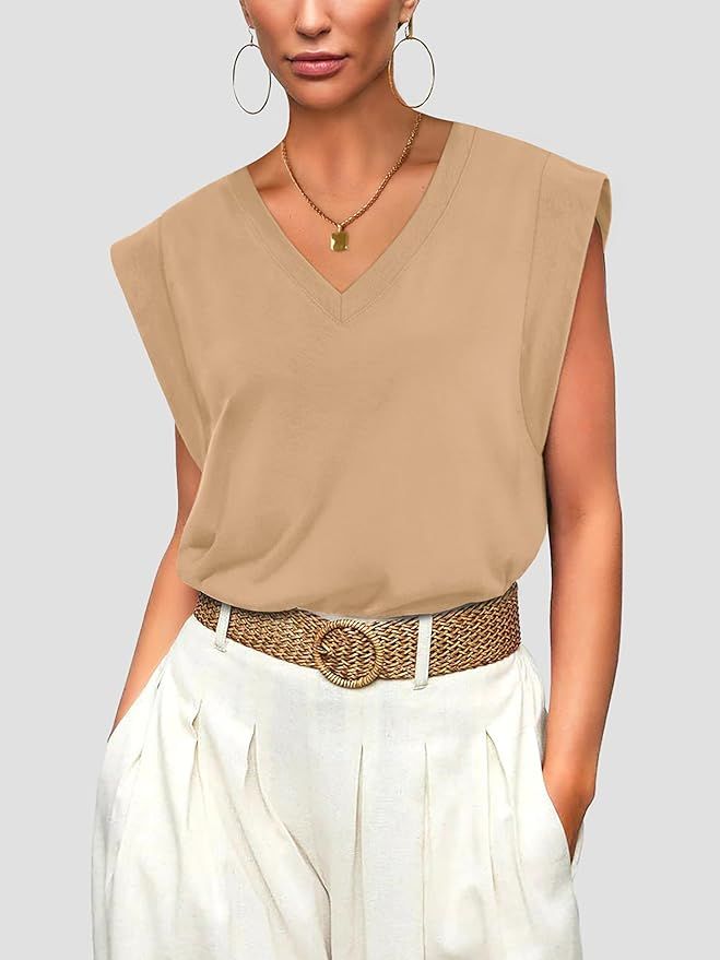 WIHOLL Womens Cap Sleeve Tops Summer V Neck Tank Basic Tee Shirts 2024 Fashion Casual Loose Fit | Amazon (US)