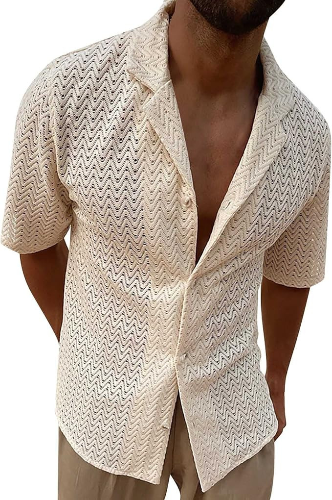 Men's Knit Shirts Short Sleeve Button Down Breathable Textured Cutout Polo Shirt Fashion Casual S... | Amazon (US)