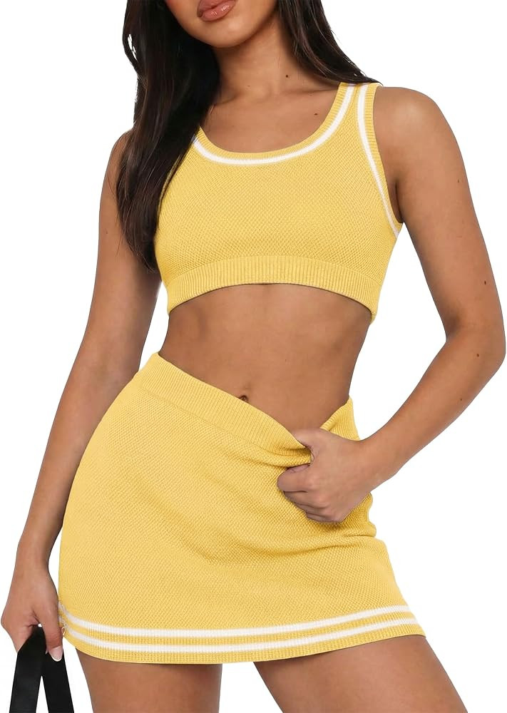 TQD Women's 2 Piece Summer Matching Sets Knit Two Piece Outfits Sweater Tank Top Short Skirt Set ... | Amazon (US)