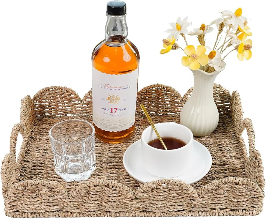 Scalloped Edge Wicker Tray, Hand-Woven Rattan Baskets with Built-in Handles, Rectangle Seagrass B... | Amazon (US)