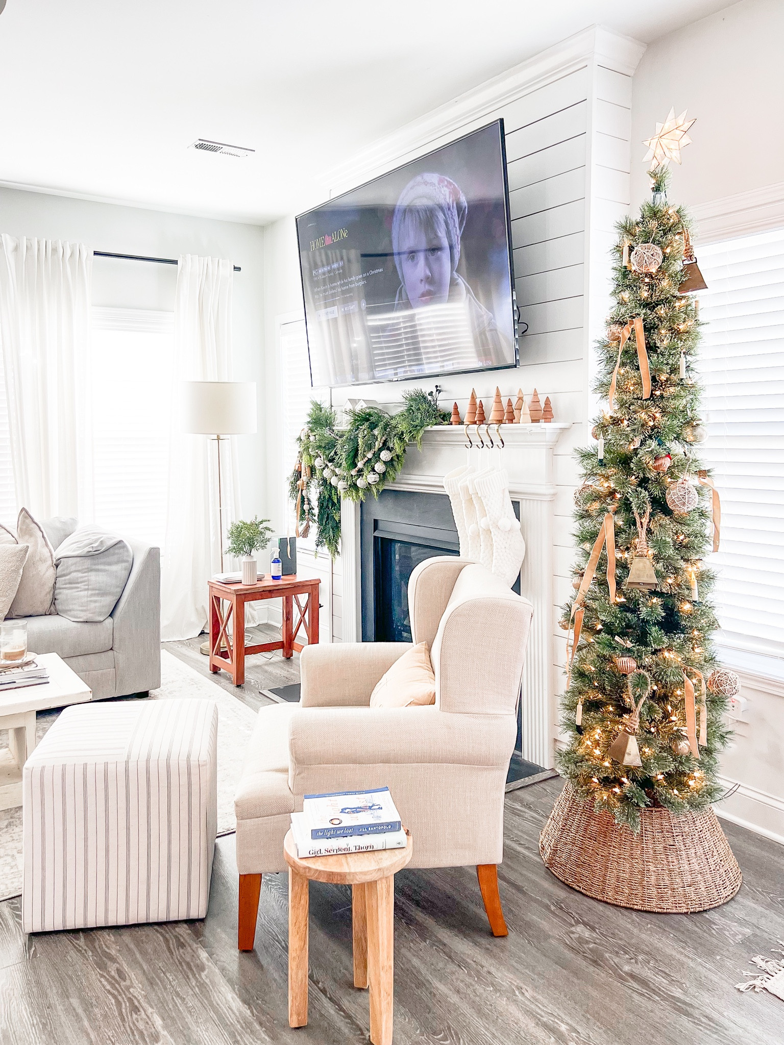 Living room Christmas decor. Fireplace Mantel Christmas decor. Pencil Christmas tree. 

#LTKSeasonal #LTKhome #LTKHoliday