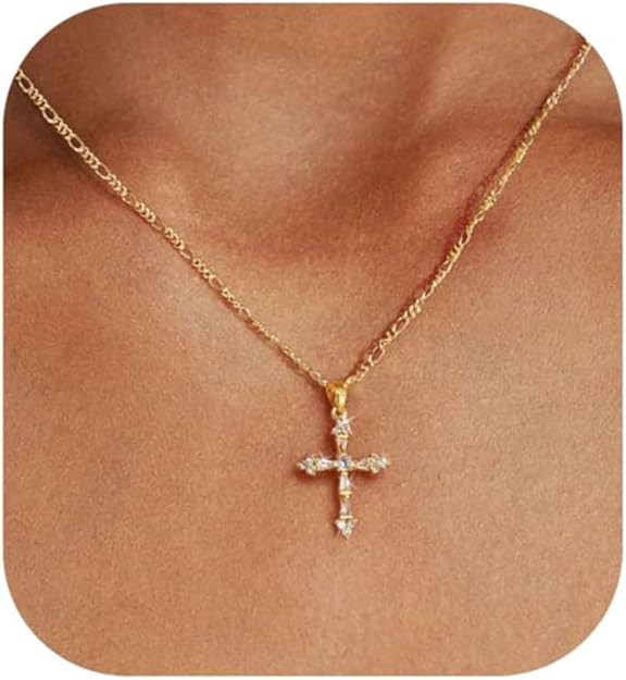Cross Necklace for Women,Double Cross Necklace 14K Gold Plated Cross Pendant Necklace Dainty Gold... | Amazon (US)