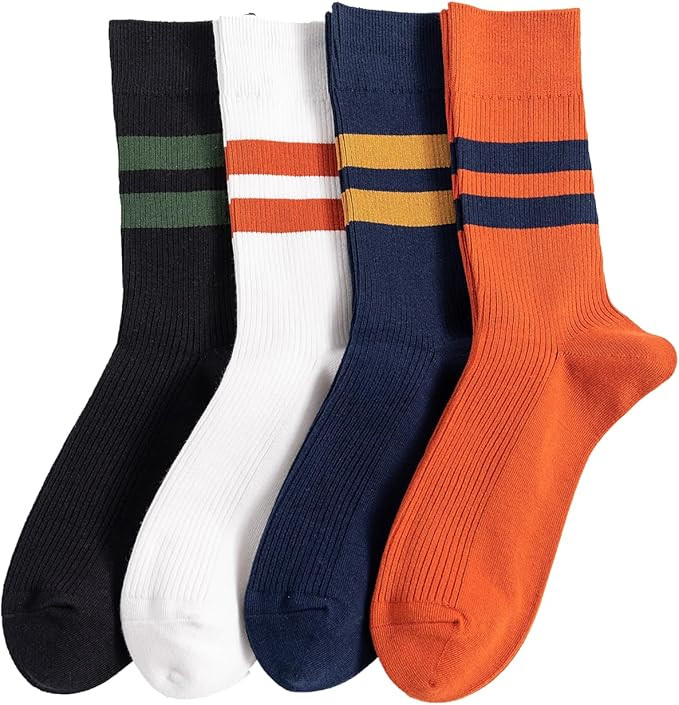 4 Pairs Men Striped colouful Crew Socks - Retro Athletic Casual Cotton Socks - Novelty Socks For ... | Amazon (US)