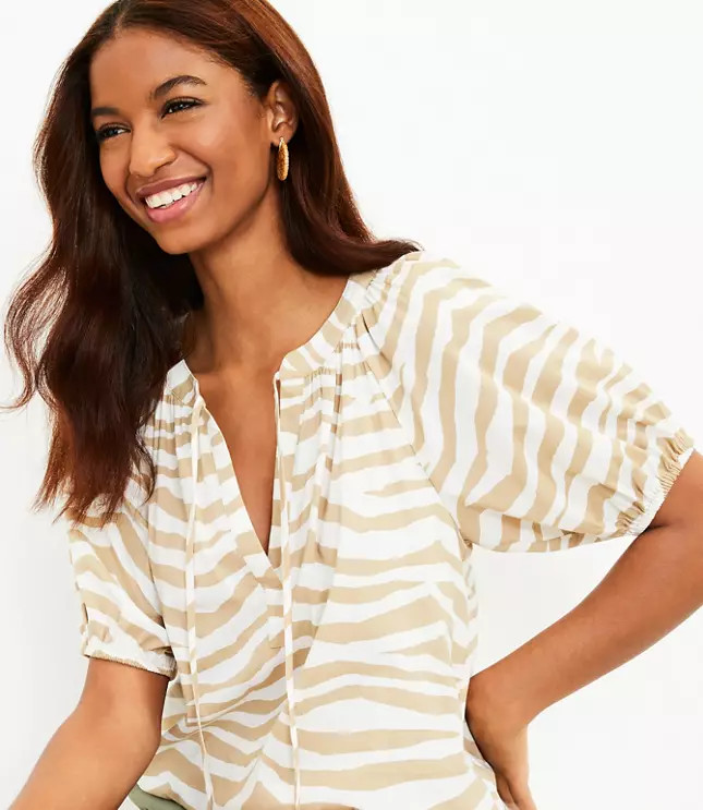 Tiger Print Tie Neck Puff Sleeve Top | LOFT