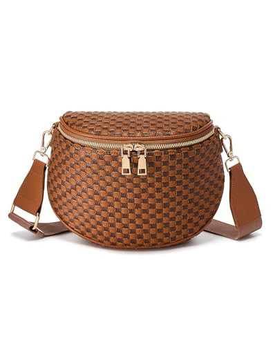 Trendy Woven Checkered Crossbody Bum Bag for Women，PU Leather Checkered Purse Fanny Packs Belt Bag (Woven Bum Bag - Brown Coffee) | Amazon (US)