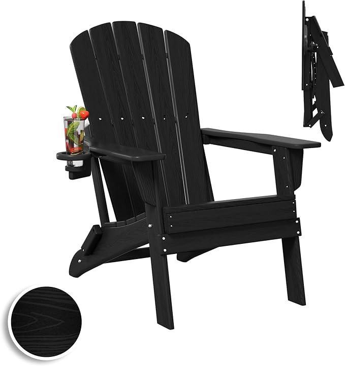 Plawdlik Folding Adirondack Chair, SGS Tested, Wooden Textured with Cup Holder, Heavy All-Weather... | Amazon (US)