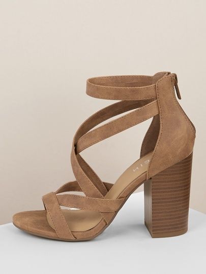 Criss Cross Strappy Open Toe Chunky Heel TAN | SHEIN