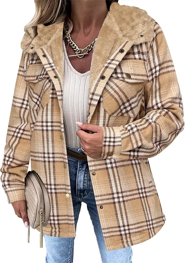 Zeagoo Womens Plaid Shacket Jacket Long Sleeve Button Down Fleece Hooded Jackets Warm Coat | Amazon (US)