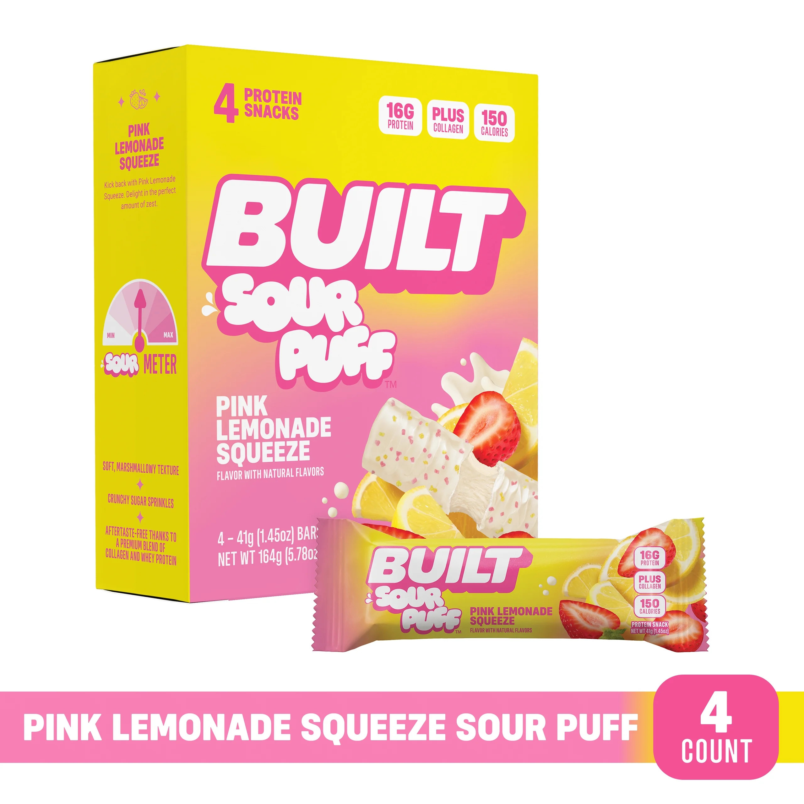 BUILT Sour Puff Protein Bar, Pink Lemonade, 16g Protein, Collagen, 150 Calories, 4 Count Box, 1.4... | Walmart (US)
