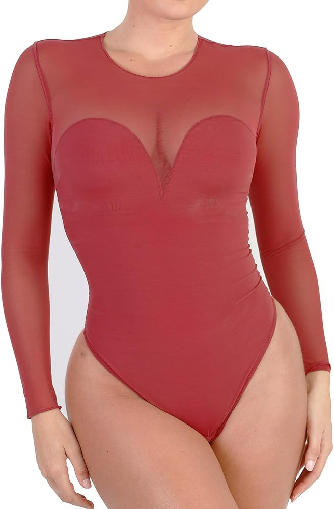 Popilush Shapewear Bodysuit for Women Tummy Control Long Sleeve Mesh Sheer Body Suits Womens Buil... | Amazon (US)