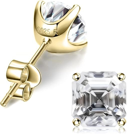 "STUNNING FLAME "18K Gold Plated Sterling Silver Asscher Cut Cubic Zirconia Stud Earrings for Wom... | Amazon (US)