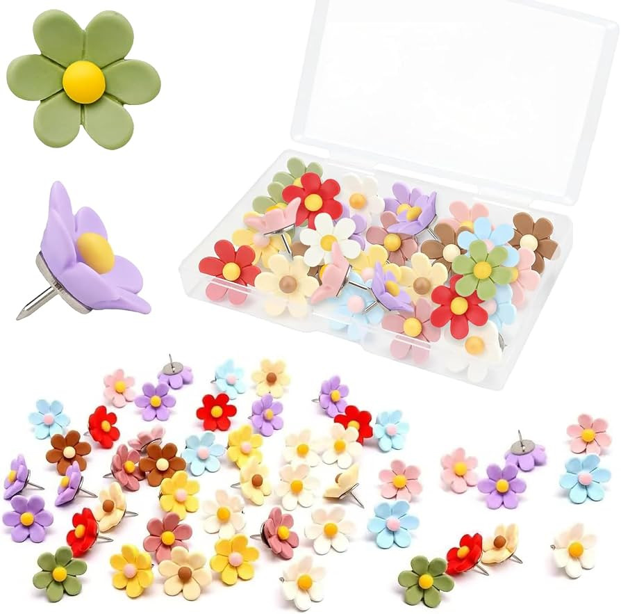 Flower Push Pins - 50 Pcs Decorative Floral Thumb Tacks with Storage Box, 10 Colors Cute Pushpins... | Amazon (US)