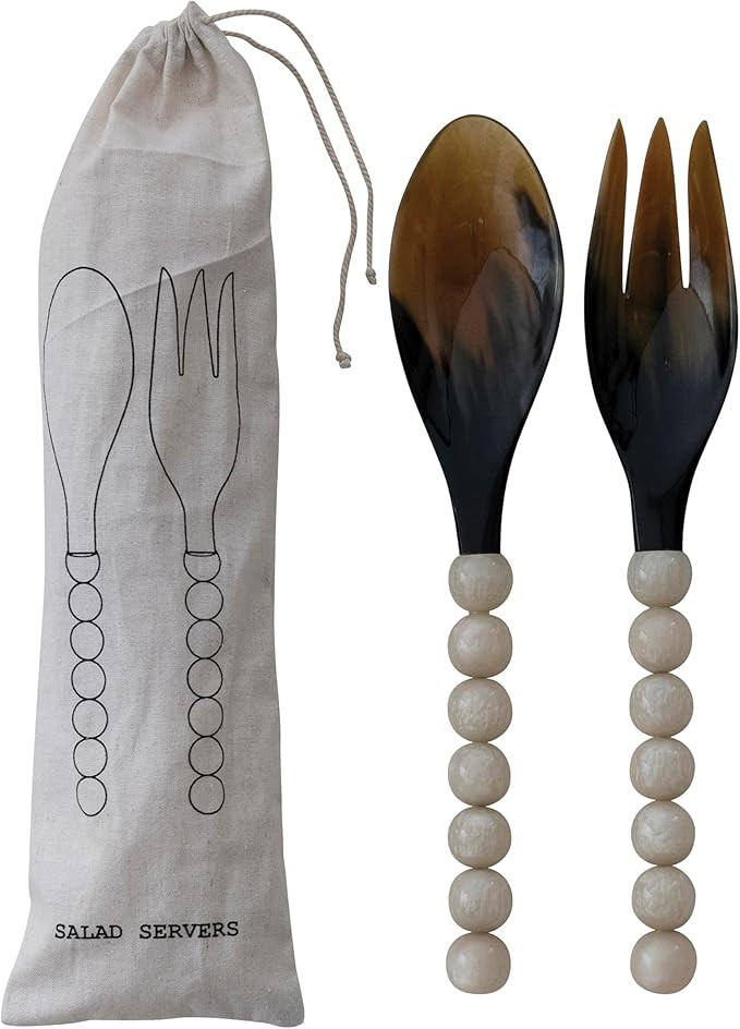 Creative Co-Op Natural Buffalo Horn Spoon and Fork Salad Servers w/Handles, Cream | Amazon (US)
