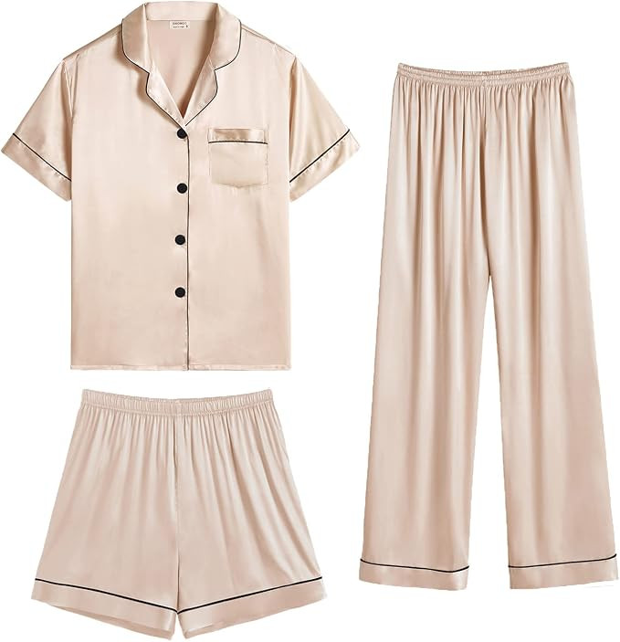 SWOMOG Womens 3pcs Silk Satin Pajamas Sets Short Sleeve Sleepwear Button Down Shirt with Shorts L... | Amazon (CA)