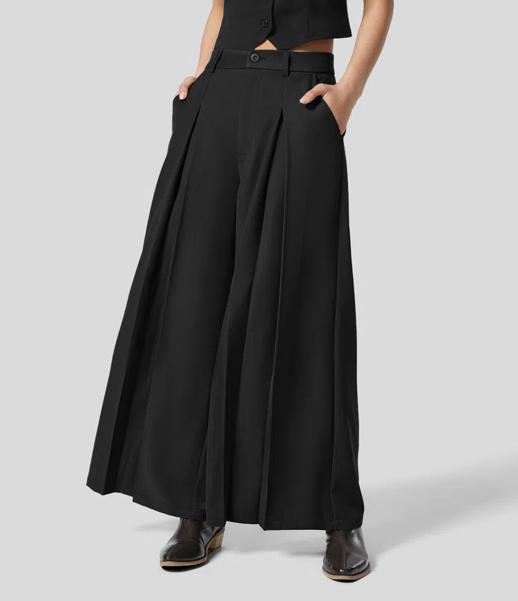 Women’s High Waisted Side Pocket Pleated Wide Leg Work Culottes - Halara | HALARA