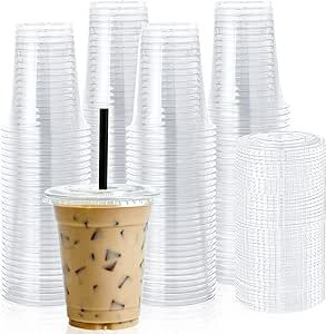 Lilymicky [100 Sets] 12oz Clear Plastic Cups with Flat Lids, Disposable Drinking Cups, 12 oz Plas... | Amazon (US)