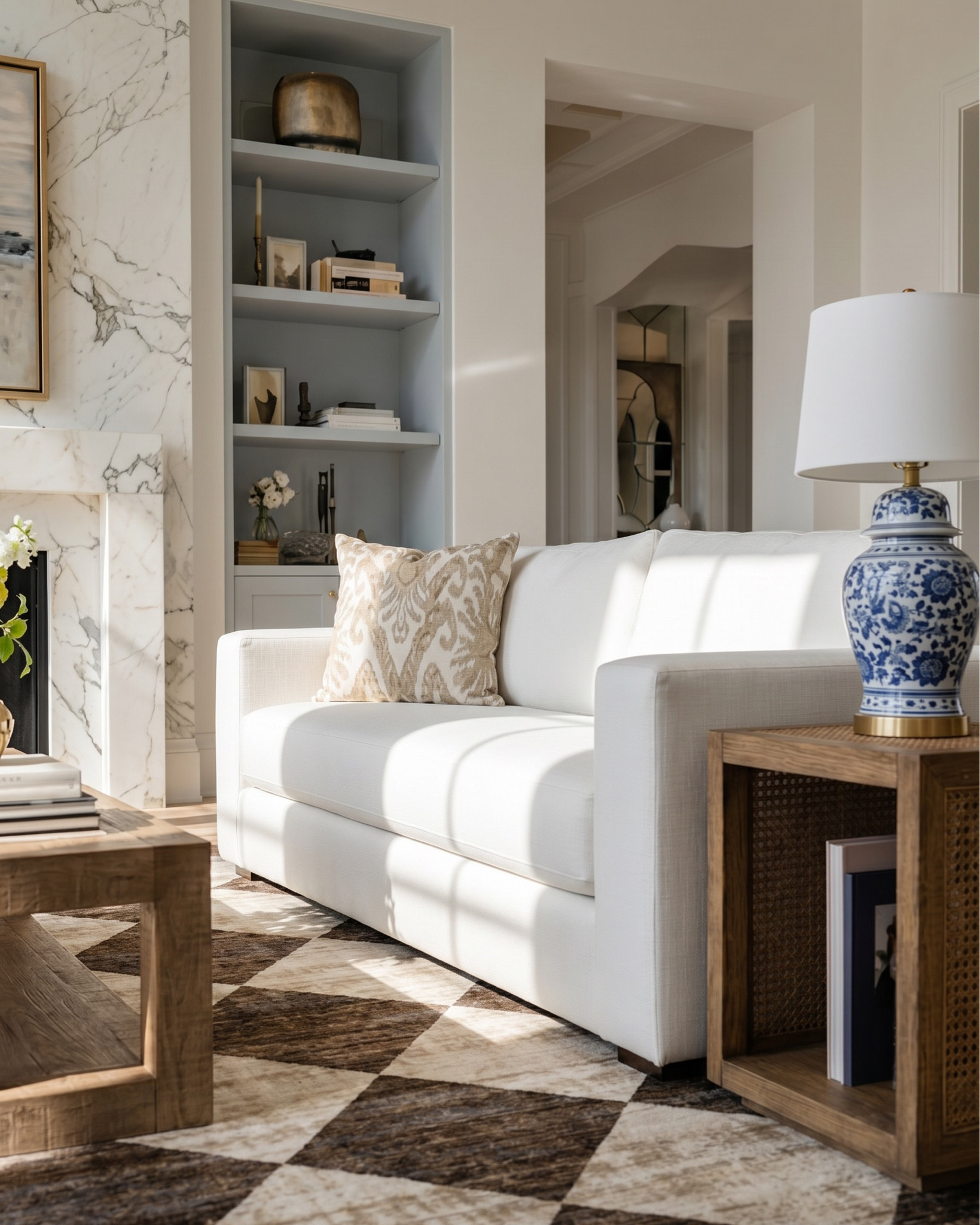 • White upholstered sofa (modern clean lines)
• Light wood frame accent chair (neutral cushion)
• Chunky knit throw blanket (cream / beige)
• Light wood rectangular coffee table (minimal / modern)
• Neutral checkered area rug (brown / cream pattern)
• Marble fireplace surround (white with gray veining)
• Large abstract landscape wall art (neutral tones, gold frame)
• Built-in shelving (painted soft gray)
• Decorative books (neutral stacked styling)
• Small ceramic decor objects (matte black / stone finish)
• Brass candle holders (modern minimal)
• Glass decorative vases (clear / smoked)
• Wood ceiling beams (light natural finish)
• Round flush mount ceiling light (white globe)
• Ceramic vase (rounded neutral tone) • Fresh floral arrangement (yellow + white flowers) • Decorative tray (light wood or stone) • Stacked coffee table books (neutral covers) • Small brass sphere decor object
• Light wood side table (open shelf design) • Blue and white ceramic ginger jar • White table lamp (fabric shade, brass detail)
• Light wood sideboard cabinet (cane / woven door fronts) • Cane panel credenza (natural oak finish) • Blue and white ceramic ginger jars (traditional style) • White ceramic bowl (centerpiece decor) • Brass decorative tray (organic shape) • Floral still life wall art (gold frame) • Neutral floral wallpaper (textured / vintage style) • Brass wall sconces with white glass shades • White table lamp with brass hardware • Large ceramic table lamp base (blue/white pattern)


#LTKSaleAlert #LTKHome