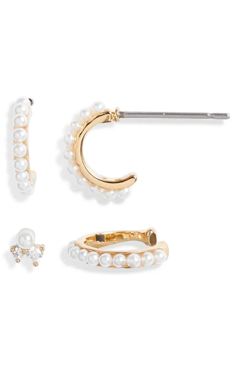 Imitation Pearl Hoop Earrings, Single Stud and Ear Cuff Set | Nordstrom