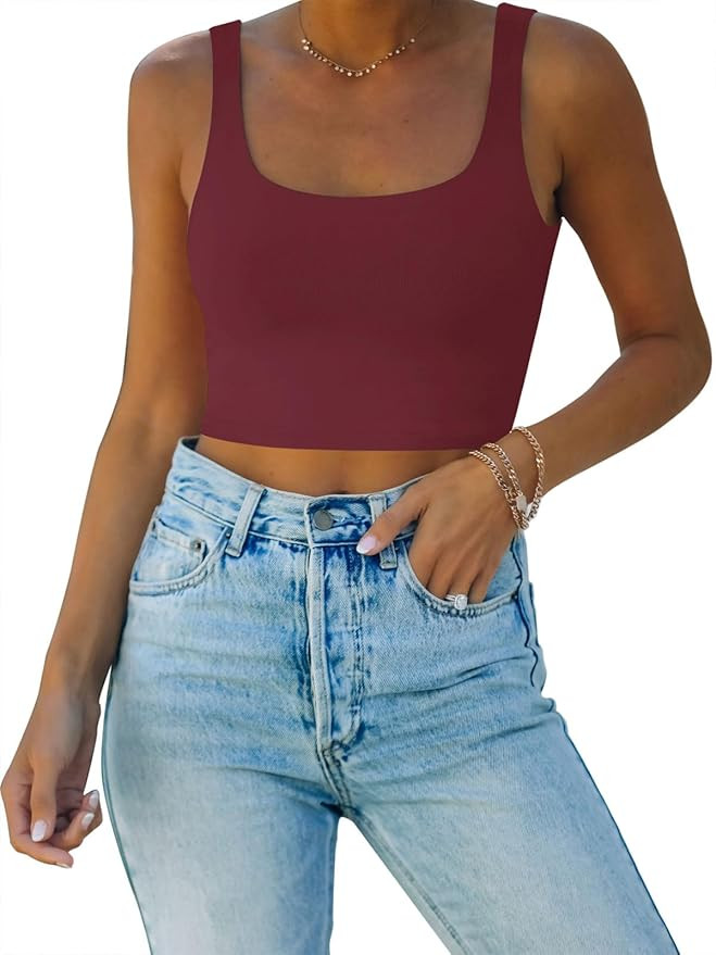 REORIA Women’s Sexy Square Neck Double Lined Seamless Sleeveless Cropped Tank Yoga Crop Basic T... | Amazon (US)