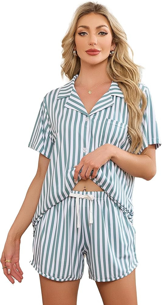 LYCY Women's Striped Pajamas Set, Cute Button Down Short Sleeve Pjs 2 Piece Notch Collar Sleepwea... | Amazon (US)