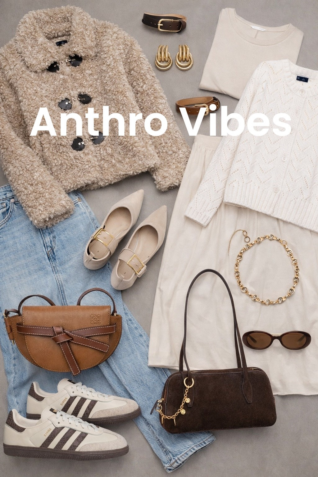 Flat-lay fashion editorial in soft natural light on a warm gray background. A neutral, quiet-luxury capsule wardrobe styled with creamy knits, an ivory midi skirt, light-wash denim, and a plush teddy coat with toggle details. Accessories include gold statement earrings, a chunky gold chain necklace, classic leather belts, neutral pointed flats, retro oval sunglasses, and rich brown leather handbags with subtle gold hardware. Color palette of oat, cream, camel, tan, chocolate, and denim blue. Clean composition, balanced spacing, elevated minimal aesthetic, timeless European winter style, high-end magazine feel, ultra-detailed textures, cozy yet polished, Pinterest-worthy.

Hashtags
#QuietLuxury #NeutralStyle #CapsuleWardrobe #TimelessFashion #ClassicStyle #MinimalChic #WinterOutfits #SoftNeutrals #CozyChic #ElevatedBasics #EuropeanStyle #OldMoneyAesthetic #FlatlayStyle #PinterestFashion #WardrobeInspo #BeigeAesthetic #CreamTones #EffortlessStyle #ModernClassic #LuxuryVibes

#LTKHoliday #LTKdayinmylife #LTKGiftGuide