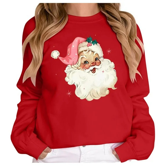 Fiaer Pink Santa Christmas Sweatshirt for Women Retro Santa Graphic Funny Xmas Gift Tops Casual H... | Walmart (US)