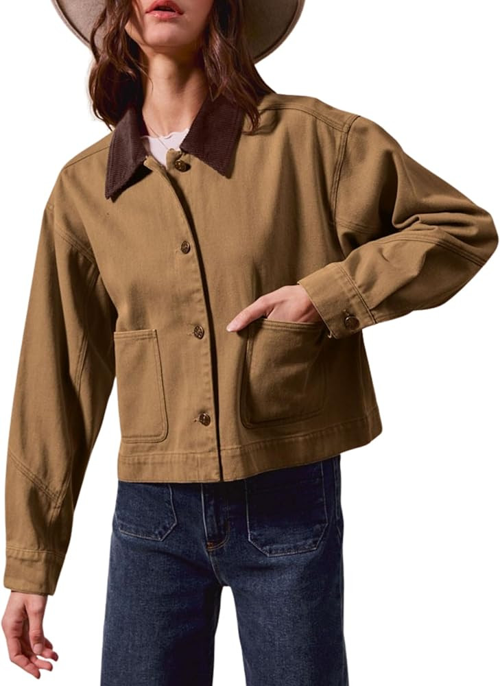 Women’s Cropped Barn Jacket Button Down Cord Collar Jacket with Pockets Trendy Work Outerwear | Amazon (US)