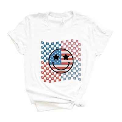 Simply Sage Market Women's Checkered Patriotic Smiley Face Short Sleeve Graphic Tee - L - White | Target