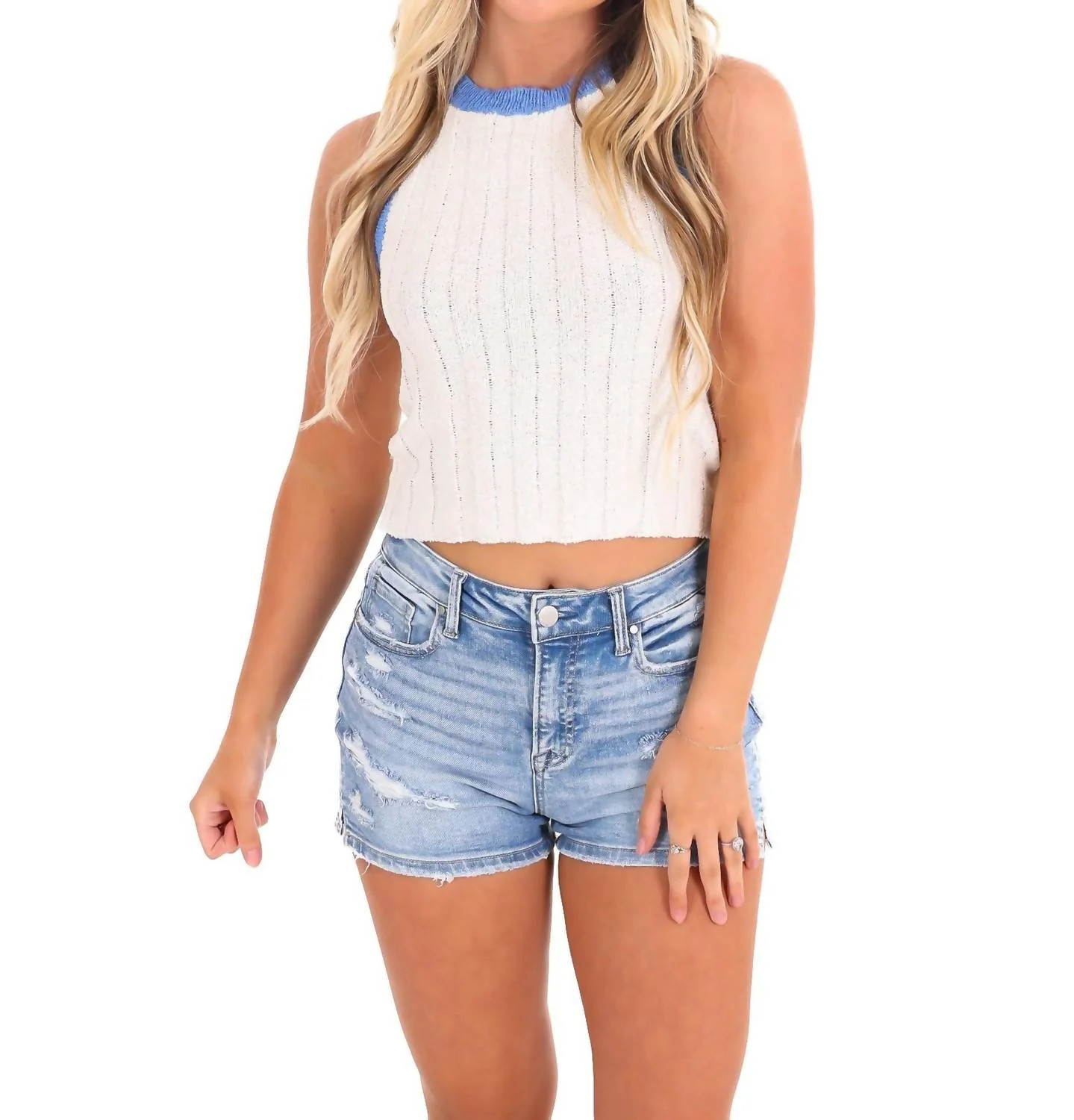 This Kiss Ribbed Tank Top In Ivory/blue | Shop Simon
