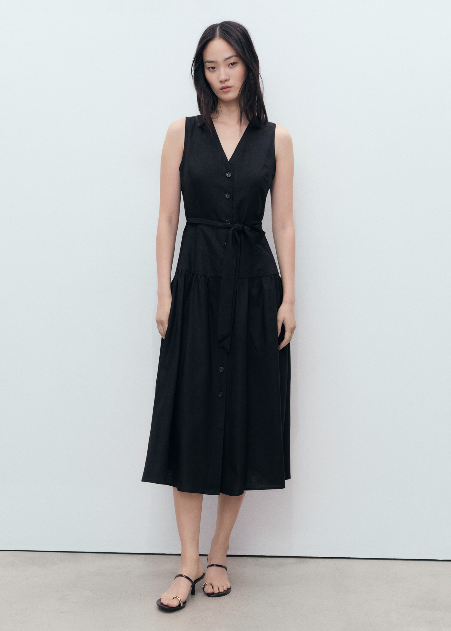 Linen-blend midi-dress with belt - Women | MANGO USA | Mango (US/MX/AU)