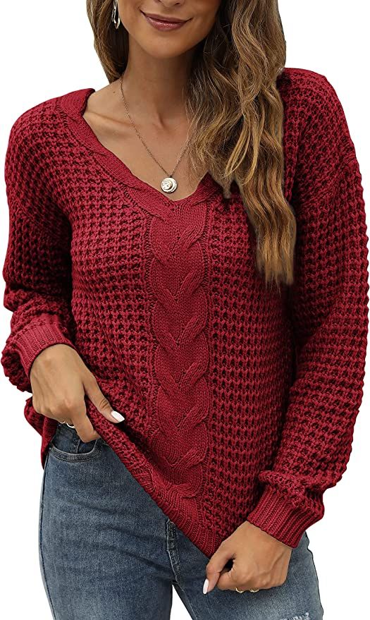 GIBLY Womens Cable Knit V-Neck Loose Sweater Casual Long Sleeve Solid Pullover Sweater | Amazon (US)
