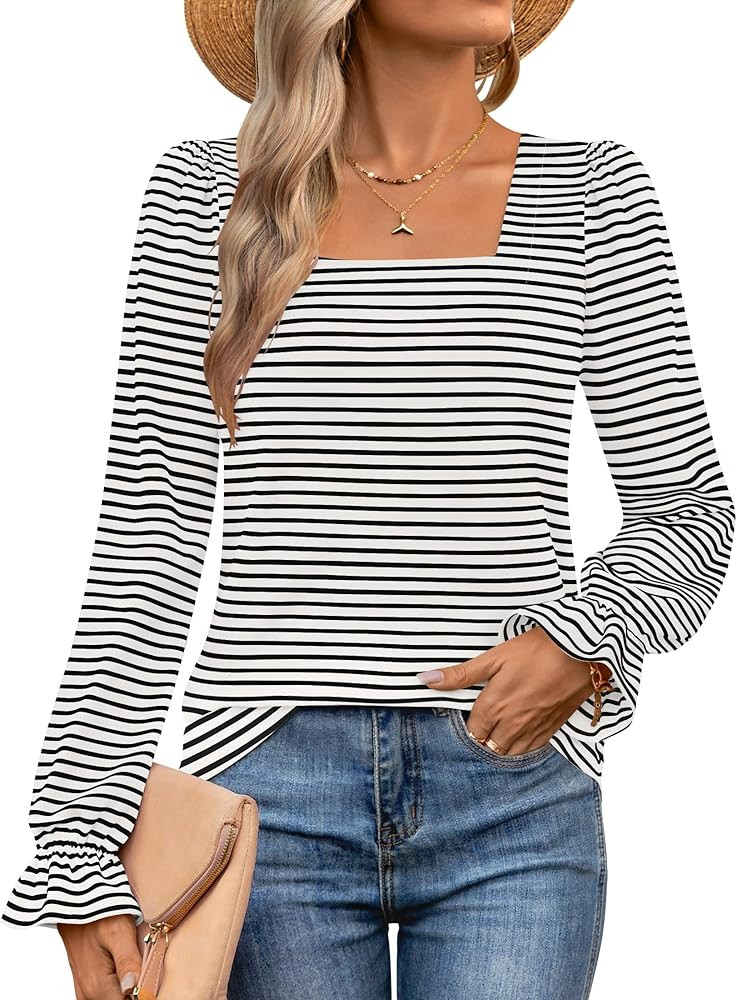 ZESICA Women's Long Sleeve Square Neck Shirts 2024 Fall Causal Trendy Striped Tops | Amazon (US)