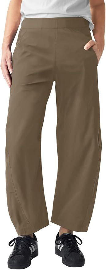 Womens Elastic Waist Ankle Pants Baggy Curved Tapered Leg Barrel Travel Pants with Pockets | Amazon (US)
