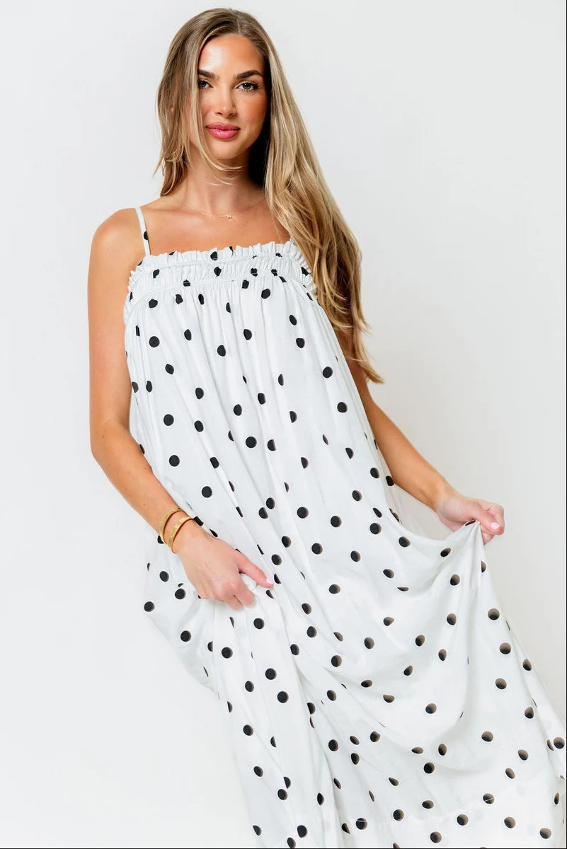 Riviera Promenade Polka Dot Midi Dress in Off White | Worth Collective