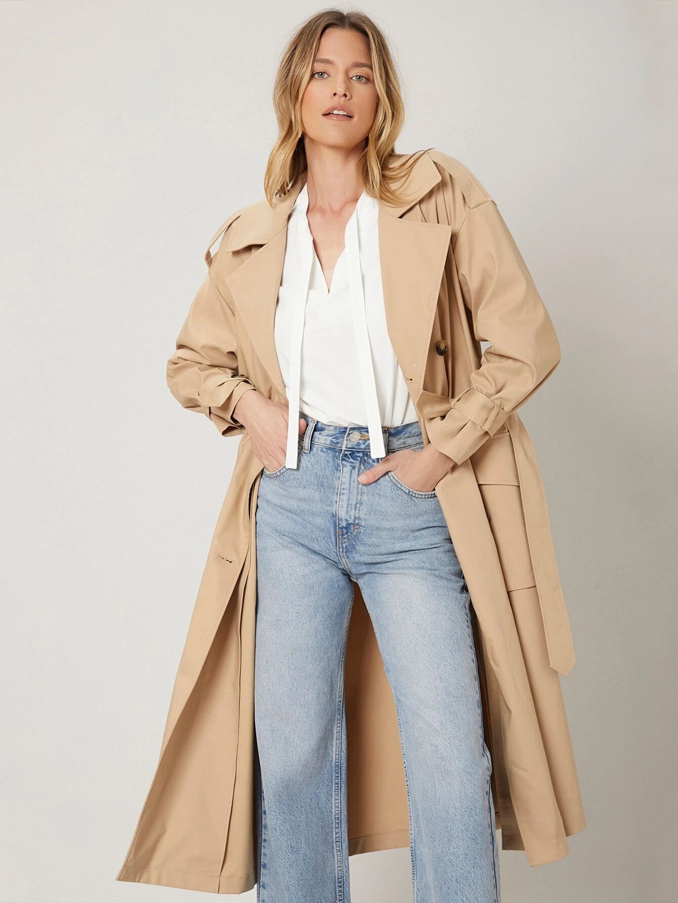 MOTF PREMIUM COTTON RELAXED FIT BELTED TRENCH COAT | SHEIN