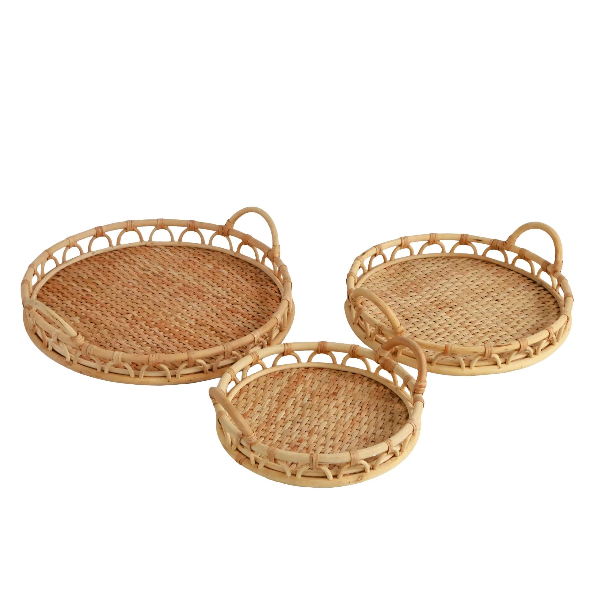 Eden Grace Set of 3 Hand Woven Round Rattan Serving Trays with Wavy Design and Handles, Tea Tray,... | Walmart (US)