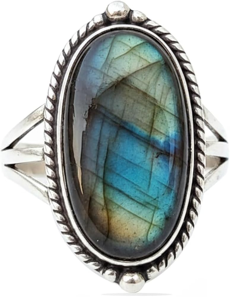 Amazon.com: Sterling Silver Oval Labradorite Ring, Handcrafted Bohemian Style Statement Jewelry w... | Amazon (US)