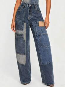 Magic Mia Women's Y2K Patchwork Jeans - High Waisted Baggy Fit With Vintage Wash & Cargo Pockets ... | SHEIN