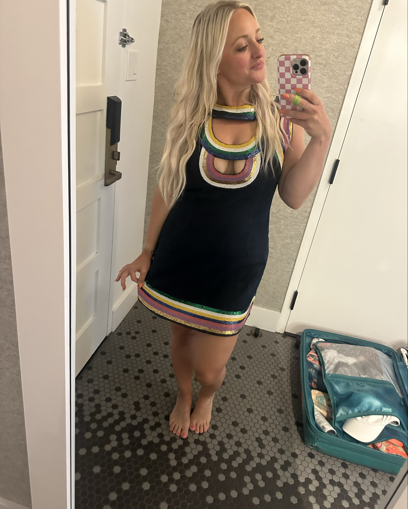 Queen of Sparkles rainbow trim denim dress!!! Runs TTS but zero stretch!! Size up if you want a little more room (good for the boobs tho!)

#LTKStyleTip #LTKSummerEdit