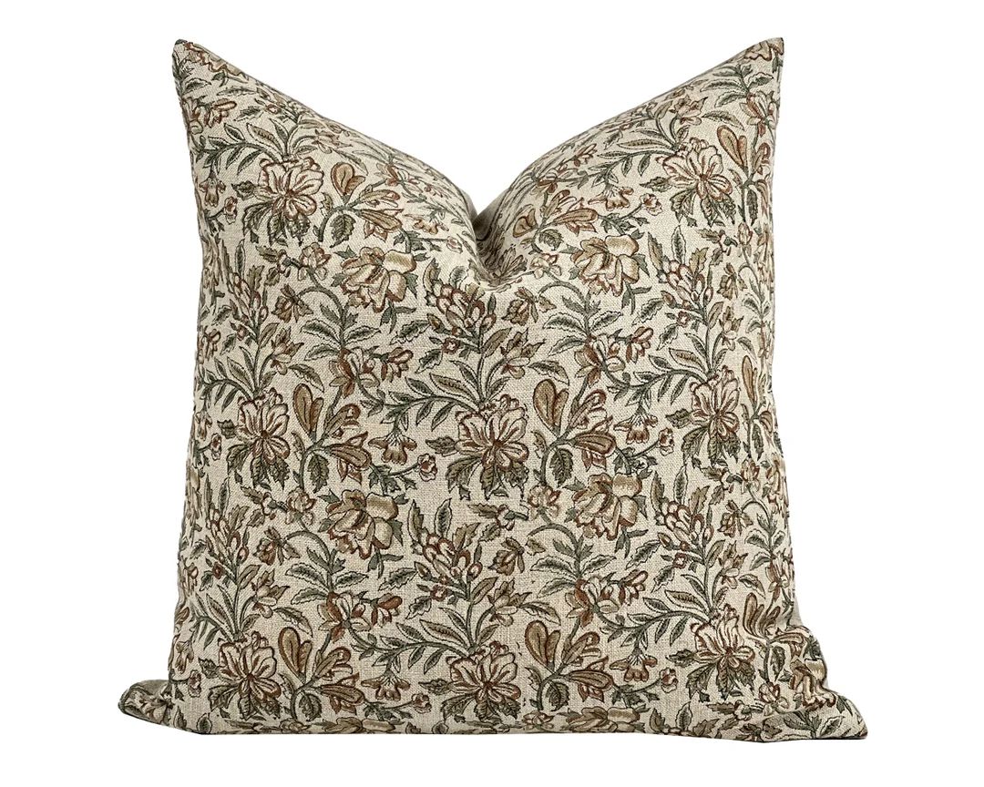 RHEA Designer Rust Green Floral Linen Pillow Cover Block - Etsy | Etsy (US)