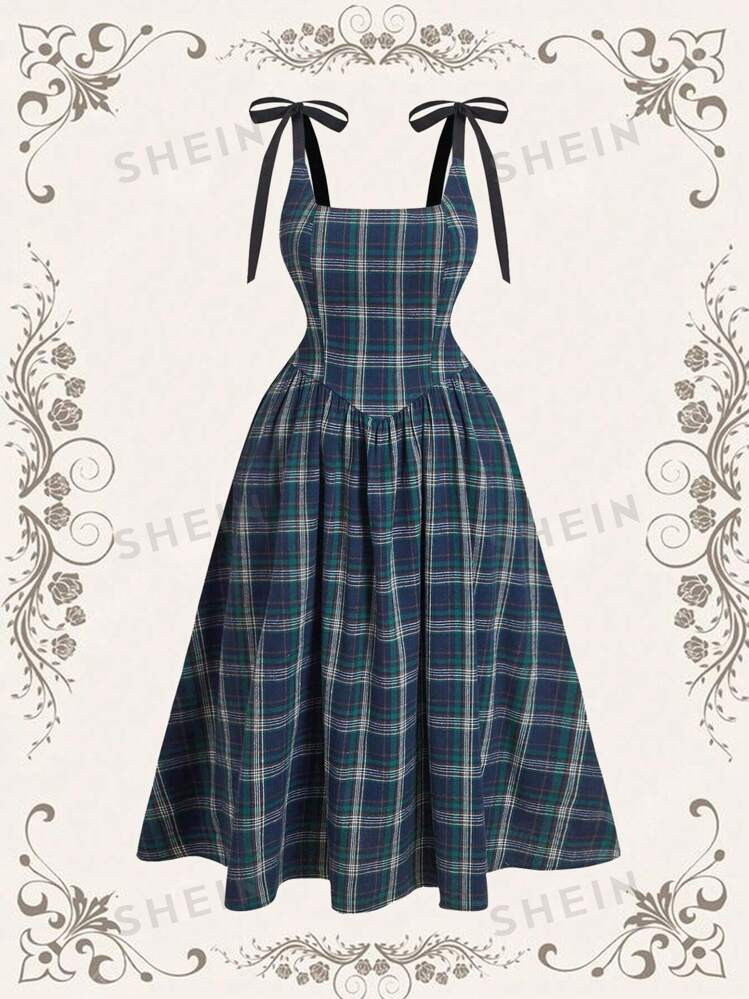 SHEIN MOD Plus Size Green Retro Plaid Maxi Dress With Tie Up Bowknot Spaghetti Straps | SHEIN USA | SHEIN