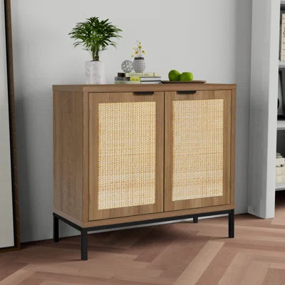 Rustic Oak Accent Storage Cabinet With 2 Rattan Doors, Mid Century Natural Wood Sideboard Furniture For Living Room | Wayfair North America