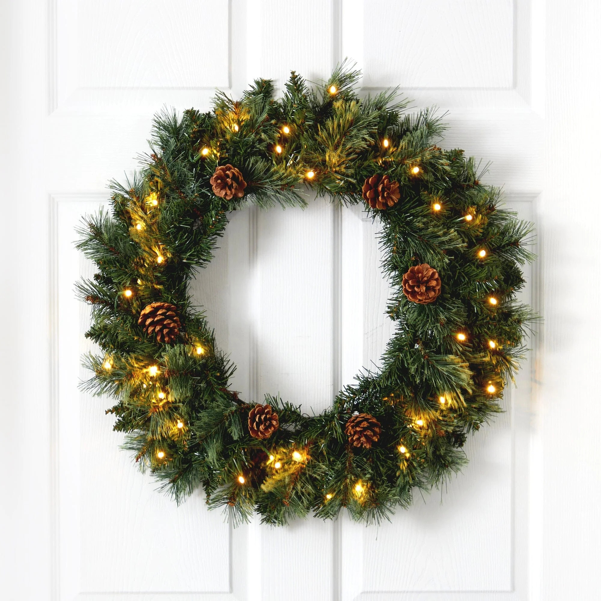 24” White Mountain Pine Artificial Christmas Wreath with 35 LED Lights and Pinecones | Nearly N... | Nearly Natural