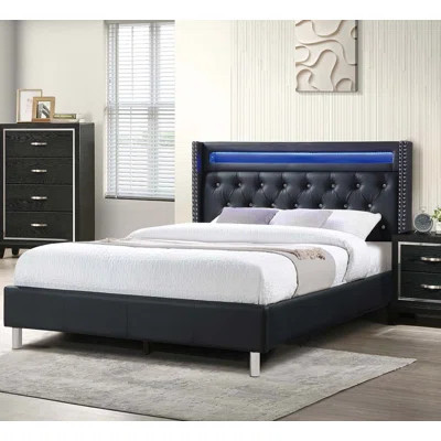 Modern Queen Size Platform Bed with Built-in LED Lighting, Button-Tufted Headboard | Wayfair North America