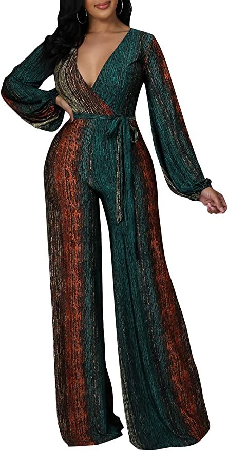Women's Sexy Sparkly Jumpsuits Clubwear One Piece Deep V Neck Long Sleeve Pants with Belt | Amazon (US)