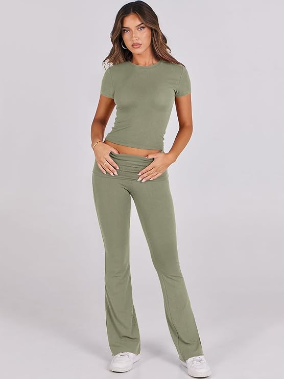 ANRABESS Lounge Sets for Women 2 Piece Foldover Yoga Flare Leggings Pants Crop Tops Casual Y2K Ou... | Amazon (US)