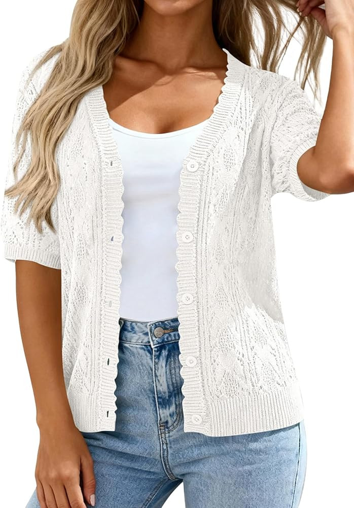 PRETTYGARDEN Women's Lightweight Spring Cardigans 2026 Short Sleeve Crochet Knit Sweater Tops Sum... | Amazon (US)