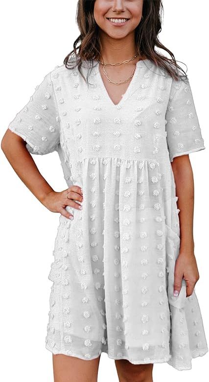 MulEtour Women's V Neck Ruffle Swiss Dot Mini Dress Chiffon A-Line Swing Short Summer Babydoll Ma... | Amazon (US)