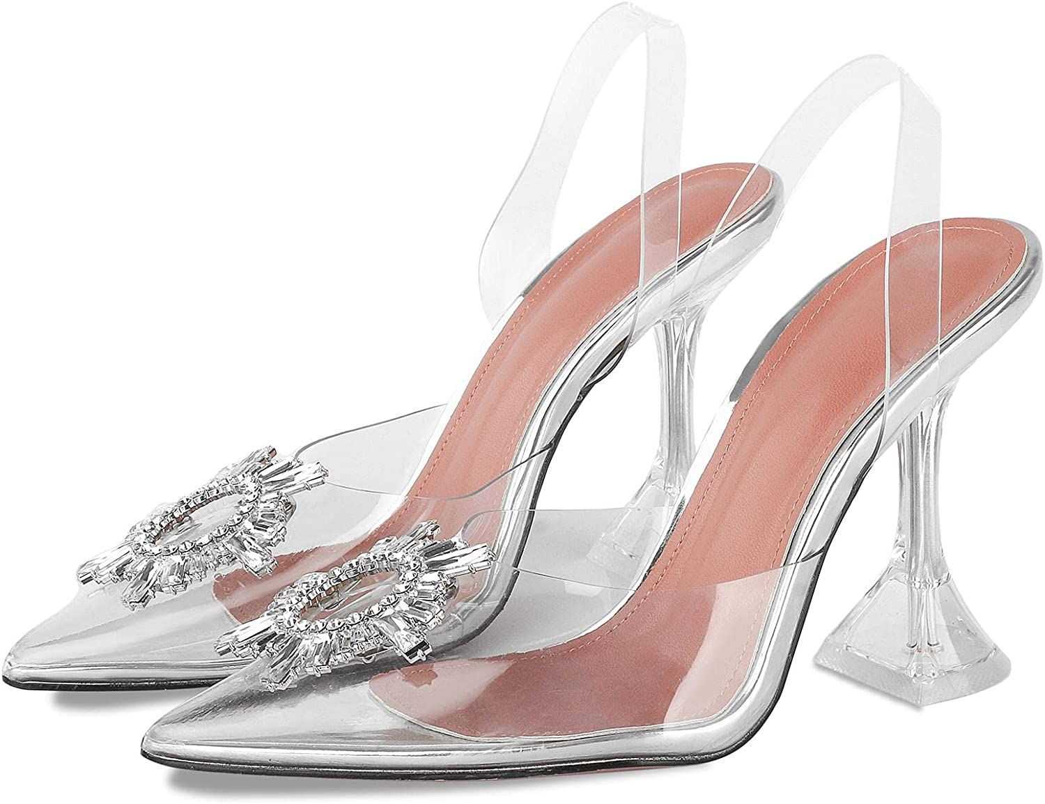 Amazon.com | WIRALOMI Women Rhinestone Crystal High Heel Sandals Clear Satin Slingback Wedding Pu... | Amazon (US)